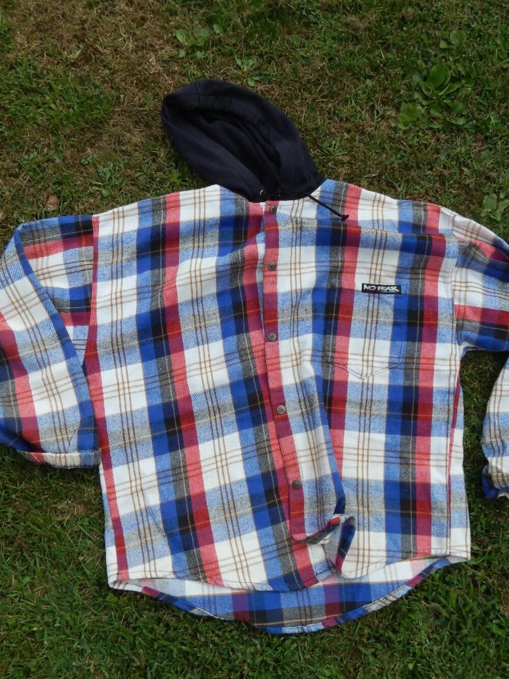 Vintage No Fear Mens XL Flannel Hoodie Plaid Moto Skater Grunge Pullover Y2K